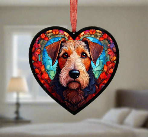 Airedale Terrier Stained Glass Effect Heart Suncatcher